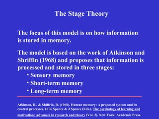 The focus of this model is on how information is stored in memory. The Stage Theory Sensory memory Short-term memory Long-term memory The model is based on the work of Atkinson and Shriffin (1968) and proposes that information is processed and stored in three stages: Atkinson, R., & Shiffrin, R. (1968). Human memory: A proposed system and its control processes. In K Spence & J Spence (Eds.).  The psychology of learning and motivation: Advances in research and theory  (Vol. 2). New York: Academic Press.   