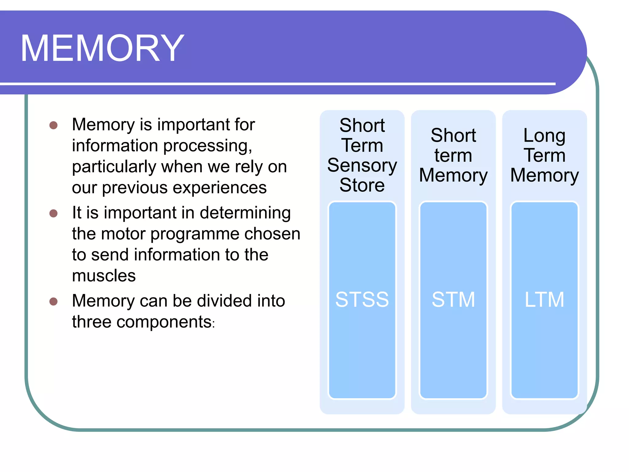 MEMORY
 Memory is important for
information processing,
particularly when we rely on
our previous experiences
 It is important in determining
the motor programme chosen
to send information to the
muscles
 Memory can be divided into
three components:
Short
Term
Sensory
Store
STSS
Short
term
Memory
STM
Long
Term
Memory
LTM
 