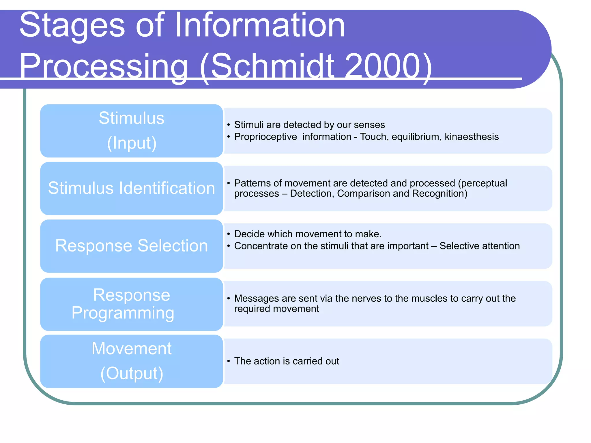 Stages of Information
Processing (Schmidt 2000)
• Stimuli are detected by our senses
• Proprioceptive information - Touch, equilibrium, kinaesthesis
Stimulus
(Input)
• Patterns of movement are detected and processed (perceptual
processes – Detection, Comparison and Recognition)Stimulus Identification
• Decide which movement to make.
• Concentrate on the stimuli that are important – Selective attentionResponse Selection
• Messages are sent via the nerves to the muscles to carry out the
required movement
Response
Programming
• The action is carried out
Movement
(Output)
 
