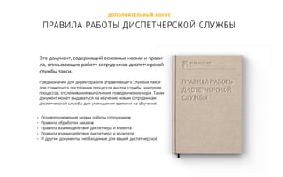 дополнительный бонус 
Правила работы диспет черской службы 
Это документ, содержащий основные нормы и прави- 
ла, описывающие работу сотрудников диспетчерской 
службы такси. 
Предназначен для директора или управляющего службой такси 
для грамотного построения процессов внутри службы, контроля 
процессов, отслеживания выполнения поведенческих норм. Также 
документ может выдаваться на изучение новым сотрудникам 
диспетчерской службы для уменьшения времени на обучение. 
• Основополагающие нормы работы сотрудников 
• Правила обработки заказов 
• Правила взаимодействия диспетчера и клиента 
• Правила взаимодействия диспетчера и водителя 
• И другие документы, необходимые для вашей диспетчерской. 
 