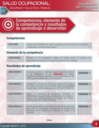 SALUD OCUPACIONAL:
SEGURIDAD Y SALUD EN EL TRABAJO

Información
del Programa

Competencias, elemento de
la competencia y resultados
de aprendizaje a desarrollar
Competencias
230101007

Apoyar las actividades de salud ocupacional de acuerdo con el programa
establecido y normativa legal vigente.

Elemento de la competencia
23010100702

Promover en los trabajadores hábitos de trabajo seguro de acuerdo con
lineamientos del programa de salud ocupacional en la empresa.

Resultados de aprendizaje
23010100702-1

Preservar, mantener y mejorar la salud individual y colectiva
de los trabajadores en sus ambientes de trabajo,
realizando actividades conforme a los lineamientos de los
subprogramas establecidos por la empresa.

SEMANA 1

23010100702-2

Garantizar las condiciones del trabajo seguro en los lugares
de trabajo, aplicando requerimientos según la normatividad
vigente y las recomendaciones de la norma GTC 45/2012.

SEMANA 2

23010100702-3

Mitigar la ocurrencia de accidentes, incidentes y
enfermedades ocupacionales, reconociendo los riesgos y
peligros que puede generarlos, en función de la labor
desempeñada en su lugar de trabajo.

SEMANA 3

23010100702-4

Aplicar a los ambientes de trabajo, la metodología propuesta
en la GTC 45 cumpliendo los requerimientos propios para
establecer en el panorama de factores de riesgo en la
empresa.

SEMANA 4

Índice

Copyright SENA ©, 2013.

5

 