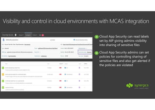 Visibility and control in cloud environments with MCAS integration
Cloud App Security can read labels
set by AIP giving admins visibility
into sharing of sensitive files
Cloud App Security admins can set
policies for controlling sharing of
sensitive files and also get alerted if
the policies are violated
 
