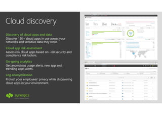 Cloud discovery
Get anomalous usage alerts, new app and
trending apps alerts.
On-going analytics
Discover 15K+ cloud apps in use across your
networks and sensitive data they store.
Discovery of cloud apps and data
Assess risk cloud apps based on ~60 security and
compliance risk factors.
Cloud app risk assessment
Protect your employees’ privacy while discovering
cloud apps in your environment.
Log anonymization
 