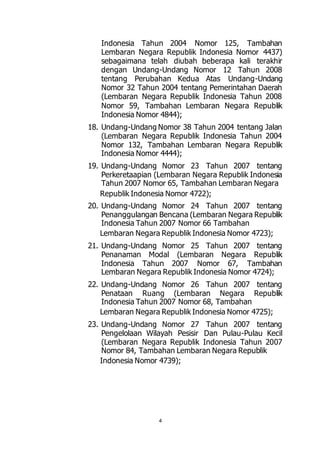 Indonesia Tahun 2004 Nomor 125, Tambahan 
Lembaran Negara Republik Indonesia Nomor 4437) 
sebagaimana telah diubah beberapa kali terakhir 
dengan Undang-Undang Nomor 12 Tahun 2008 
tentang Perubahan Kedua Atas Undang-Undang 
Nomor 32 Tahun 2004 tentang Pemerintahan Daerah 
(Lembaran Negara Republik Indonesia Tahun 2008 
Nomor 59, Tambahan Lembaran Negara Republik 
Indonesia Nomor 4844); 
18. Undang-Undang Nomor 38 Tahun 2004 tentang Jalan 
(Lembaran Negara Republik Indonesia Tahun 2004 
Nomor 132, Tambahan Lembaran Negara Republik 
Indonesia Nomor 4444); 
19. Undang-Undang Nomor 23 Tahun 2007 tentang 
Perkeretaapian (Lembaran Negara Republik Indonesia 
Tahun 2007 Nomor 65, Tambahan Lembaran Negara 
Republik Indonesia Nomor 4722); 
20. Undang-Undang Nomor 24 Tahun 2007 tentang 
Penanggulangan Bencana (Lembaran Negara Republik 
Indonesia Tahun 2007 Nomor 66 Tambahan 
Lembaran Negara Republik Indonesia Nomor 4723); 
21. Undang-Undang Nomor 25 Tahun 2007 tentang 
Penanaman Modal (Lembaran Negara Republik 
Indonesia Tahun 2007 Nomor 67, Tambahan 
Lembaran Negara Republik Indonesia Nomor 4724); 
22. Undang-Undang Nomor 26 Tahun 2007 tentang 
Penataan Ruang (Lembaran Negara Republik 
Indonesia Tahun 2007 Nomor 68, Tambahan 
Lembaran Negara Republik Indonesia Nomor 4725); 
23. Undang-Undang Nomor 27 Tahun 2007 tentang 
Pengelolaan Wilayah Pesisir Dan Pulau-Pulau Kecil 
(Lembaran Negara Republik Indonesia Tahun 2007 
Nomor 84, Tambahan Lembaran Negara Republik 
Indonesia Nomor 4739); 
4 
 