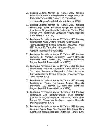 32. Undang-Undang Nomor 39 Tahun 2009 tentang 
Kawasan Ekonomi Khusus (Lembaran Negara Republik 
Indonesia Tahun 2009 Nomor 147, Tambahan 
Lembaran Negara Republik Indonesia Nomor 5066); 
33. Undang-Undang Nomor 41 Tahun 2009 tentang 
Perlindungan Lahan Pertanian Pangan Berkelanjutan 
(Lembaran Negara Republik Indonesia Tahun 2009 
Nomor 149, Tambahan Lembaran Negara Republik 
Indonesia Nomor 5068); 
34. Peraturan Pemerintah Nomor 27 Tahun 1983 tentang 
Pelaksanaan Kitab Undang-Undang Hukum Acara 
Pidana (Lembaran Negara Republik Indonesia Tahun 
1983 Nomor 36, Tambahan Lembaran Negara 
Republik Indonesia Nomor 3258); 
35. Peraturan Pemerintah Nomor 82 Tahun 1992 tentang 
Angkutan Di Perairan (Lembaran Negara Republik 
Indonesia 1992 Nomor 187, Tambahan Lembaran 
Negara Republik Indonesia Nomor 3907); 
36. Peraturan Pemerintah Nomor 69 Tahun 1996 tentang 
Pelaksanaan Hak Dan Kewajiban, Serta Bentuk Dan 
Tata cara Peranserta Masyarakat Dalam Penataan 
Ruang (Lembaran Negara Republik Indonesia Tahun 
1996, Nomor 104); 
37. Peraturan Pemerintah Nomor 24 Tahun 1997 tentang 
Pendaftaran Tanah (Lembaran Negara Republik 
Indonesia 1997 Nomor 59, Tambahan Lembaran 
Negara Republik Indonesia Nomor 3969); 
38. Peraturan Pemerintah Nomor 36 Tahun 1998 tentang 
Penertiban Dan Pendayagunaan Tanah Terlantar 
(Lembaran Negara Republik Indonesia Tahun 1998 
Nomor 52, Tambahan Lembaran Negara Republik 
Indonesia Nomor 3747); 
39. Peraturan Pemerintah Nomor 68 Tahun 1998 tentang 
Kawasan Suaka Alam Dan Kawasan Pelestarian Alam 
(Lembaran Negara Republik Indonesia Tahun 1998 
6 
 