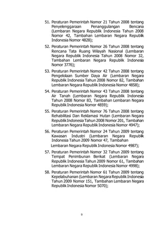 51. Peraturan Pemerintah Nomor 21 Tahun 2008 tentang 
Penyelenggaraan Penanggulangan Bencana 
(Lembaran Negara Republik Indonesia Tahun 2008 
Nomor 42, Tambahan Lembaran Negara Republik 
Indonesia Nomor 4828); 
52. Peraturan Pemerintah Nomor 26 Tahun 2008 tentang 
Rencana Tata Ruang Wilayah Nasional (Lembaran 
Negara Republik Indonesia Tahun 2008 Nomor 32, 
Tambahan Lembaran Negara Republik Indonesia 
Nomor 3776); 
53. Peraturan Pemerintah Nomor 42 Tahun 2008 tentang 
Pengelolaan Sumber Daya Air (Lembaran Negara 
Republik Indonesia Tahun 2008 Nomor 82, Tambahan 
Lembaran Negara Republik Indonesia Nomor 4858); 
54. Peraturan Pemerintah Nomor 43 Tahun 2008 tentang 
Air Tanah (Lembaran Negara Republik Indonesia 
Tahun 2008 Nomor 83, Tambahan Lembaran Negara 
Republik Indonesia Nomor 4859); 
55. Peraturan Pemerintah Nomor 76 Tahun 2008 tentang 
Rehabilitasi Dan Reklamasi Hutan (Lembaran Negara 
Republik Indonesia Tahun 2008 Nomor 201, Tambahan 
Lembaran Negara Republik Indonesia Nomor 4947); 
56. Peraturan Pemerintah Nomor 24 Tahun 2009 tentang 
Kawasan Industri (Lembaran Negara Republik 
Indonesia Tahun 2009 Nomor 47, Tambahan 
Lembaran Negara Republik Indonesia Nomor 4987); 
57. Peraturan Pemerintah Nomor 32 Tahun 2009 tentang 
Tempat Penimbunan Berikat (Lembaran Negara 
Republik Indonesia Tahun 2009 Nomor 61, Tambahan 
Lembaran Negara Republik Indonesia Nomor 4998); 
58. Peraturan Pemerintah Nomor 61 Tahun 2009 tentang 
Kepelabuhanan (Lembaran Negara Republik Indonesia 
Tahun 2009 Nomor 151, Tambahan Lembaran Negara 
Republik Indonesia Nomor 5070); 
9 
 