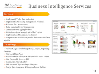 Business Intelligence Services
Services

 Implement ETL for data gathering
 Implement data quality management routines
 Maintain data warehouses
 Build analytical reporting systems
 Consolidate and aggregate data
 Multidimensional analysis with OLAP cubes
 Implement dashboards and indicators
 Integrated with corporate portals and accessible from
mobile

Technology
Microsoft SQL Server Integration, Analysis, Reporting
Services
 Microsoft SharePoint
 Microsoft Excel Services & Performance Point Server
 IBM Cognos BI, Reports, TM
 Informatica PowerCenter
 SAP BusinessObjects & CrystalReports
 Oracle Data Integrator & Datawarehouse Builder


                                                             11
 