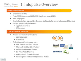 1. Infopulse Overview
General information
      Established in 1992
      Part of EDB Group since 2007 (EDB ErgoGroup since 2010)
      800+ employees
      Head office in Kyiv, regional development facilities in Zhytomyr, Luhansk and Vinnytsia
      2 major production departments
         • Application services
         • ITO services

Certifications & Partners
      Process and market certifications
          ISO 9001:2008
          ISO 14001
      Technology and business partners
          IBM Premier Business Partner
          Microsoft Gold Certiﬁed Partner
          Informatica Business Partner
          K2 Value Added Reseller
          Cisco Premier Certiﬁed Partner
          Cisco Express Foundation Specialized Partner
                                                                                                 3
 