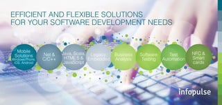 EFFICIENT AND FLEXIBLE SOLUTIONS
FOR YOUR SOFTWARE DEVELOPMENT NEEDS
Mobile
Solutions
Windows Phone,
iOS, Android
.Net &
C/C++
Java, Scala,
HTML 5 &
JavaScript
Legacy,
Embedded
Business
Analysis
Software
Testing
Test
Automation
NFC &
Smart
cards
 