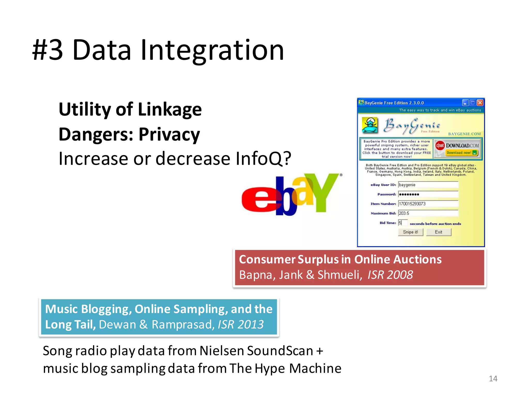 Consumer	Surplus	in	Online	Auctions
Bapna,	Jank &	Shmueli,	 ISR	2008
#3	Data	Integration
Utility	of	Linkage	
Dangers:	Privacy
Increase	or	decrease	InfoQ?
14
Music	Blogging,	Online	Sampling,	and	the	
Long	Tail,	Dewan &	Ramprasad,	ISR	2013
Song	radio	play	data	from	Nielsen	SoundScan +	
music	blog	sampling	data	from	The	Hype	Machine	
 