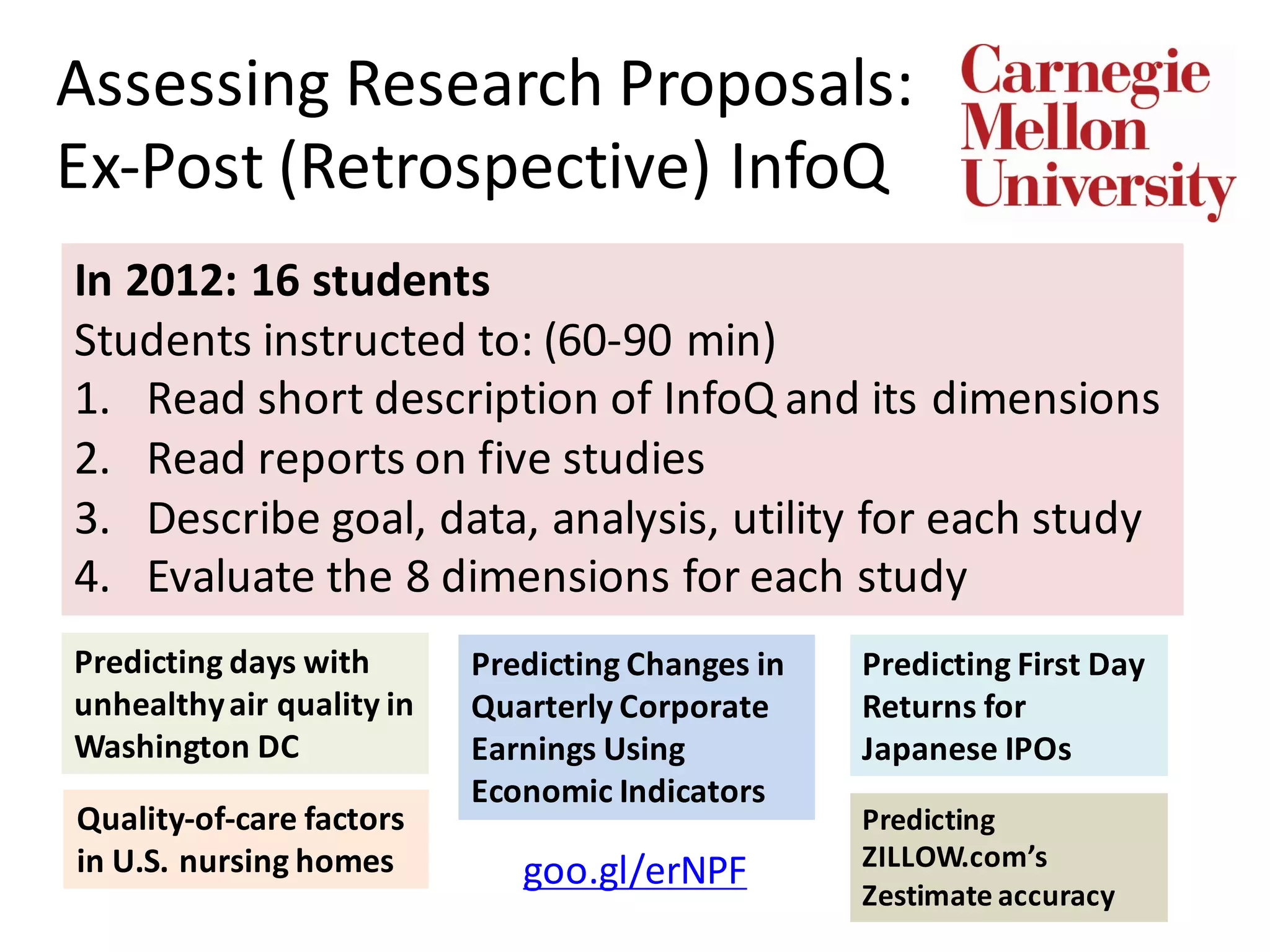 Assessing	Research	Proposals:
Ex-Post	(Retrospective)	InfoQ
In	2012:	16	students
Students	instructed	to:	(60-90	min)
1. Read	short	description	of	InfoQ	and	its	dimensions
2. Read	reports	on	five	studies	
3. Describe	goal,	data,	analysis,	utility	for	each	study
4. Evaluate	the	8	dimensions	for	each	study
Predicting	days	with	
unhealthy	air	quality	in	
Washington	DC
Predicting	Changes	in	
Quarterly	Corporate	
Earnings	Using	
Economic	Indicators
Quality-of-care	factors	
in	U.S.	nursing	homes
Predicting	
ZILLOW.com’s
Zestimate accuracy
goo.gl/erNPF
Predicting	First	Day	
Returns	for	
Japanese	IPOs
 