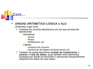 13
Cont…

UNIDAD ARITMETICO-LOGICA o ALU
(Arithmetic Logic Unit)
 Contiene los circuitos electrónicos con los que se hace las
operaciones:

Aritméticas

Sumas

Restas

Multiplicación, etc

Lógicas

comparar dos números

operaciones del Algebra de Boole binaria, etc.
 También se puede denominar unidad de tratamiento o
camino o ruta de datos, pues también tiene elementos
auxiliares por donde se transmiten o almacenan temporalmente
(registros) los datos con que opera.
 