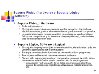 33
Soporte Físico (hardware) y Soporte Lógico
(software)
 Soporte Físico, o Hardware
 Es la máquina en sí
 El conjunto de circuitos electrónicos, cables, armarios, dispositivos
electromecánicos, y otros elementos físicos que forman el computador.
 La palabra hardware no sólo se utiliza para designar los dispositivos
físicos del computador y su interconexión (arquitectura), sino también
todo lo relacionado con ellos
 Soporte Lógico, Software o Logical
 El conjunto de programas (del sistema operativo, de utilidades, y de los
usuarios) ejecutables por el computador.
 Para que un computador funcione es necesario utilizar programas.
 Tan imprescindible es el hardware como el software.
 No son sólo los programas de un computador, sino que también todas
las materias relacionadas con la construcción de los programas:

organización y estructuración de los datos, construcción de algoritmos,
análisis de aplicaciones, metodología utilizada para redactar programas,
etc.
 