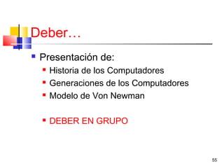 55
Deber…
 Presentación de:
 Historia de los Computadores
 Generaciones de los Computadores
 Modelo de Von Newman
 DEBER EN GRUPO
 