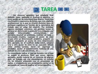 TAREA
        Los alumnos aprenden qué producto final
deberán haber realizado al finalizar el ejercicio. La
tarea puede ser de naturaleza muy diversa. Existe una
clasificación o taxonomía de tareas, que más adelante
analizaremos, en la que se ofrecen distintos tipos de
enfoques cognitivos en función de la naturaleza del
trabajo que se exige del alumno. Por anticipar
algunos ejemplos concretos, son posibles tareas el
generar un documento o producto (una máquina que
cumpla       determinadas       características,  por
ejemplo), resolver un problema, inventar un texto o
documento creativo, expresar el punto de vista
propio ante un determinado problema, preparar un
debate adoptando un punto de vista determinado
(por ejemplo, en el conflicto árabe-israelí, adoptar
uno u otro punto de vista en un supuesto debate
entre ambas partes), hacer un reportaje o
periódico, ayudar al asesoramiento histórico de una
película de cine o de una novela, etc.
 Es conveniente indicar el tipo de formato con el que
se exigirá el producto final: por poner algunos
ejemplos, puede tratarse de un conjunto de páginas
web, un trabajo con una presentación, un sencillo
CD, un informe elaborado con un procesador de
textos, o simplemente una presentación verbal en la
que pueda ser capaz de explicar un tema específico.
 