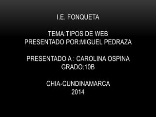 I.E. FONQUETA
TEMA:TIPOS DE WEB
PRESENTADO POR:MIGUEL PEDRAZA
PRESENTADO A : CAROLINA OSPINA
GRADO:10B
CHIA-CUNDINAMARCA
2014
 