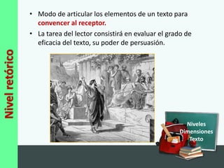 • Modo de articular los elementos de un texto para
                   convencer al receptor.
                 • La tarea del lector consistirá en evaluar el grado de
                   eficacia del texto, su poder de persuasión.
Nivel retórico




                                                                     Niveles
                                                                   Dimensiones
                                                                      Texto
 