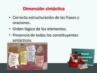 Dimensión sintáctica
• Correcta estructuración de las frases y
  oraciones.
• Orden lógico de los elementos.
• Presencia de todos los constituyentes
  sintácticos.


                                          Niveles
                                        Dimensiones
                                           Texto
 