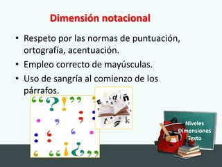 Dimensión notacional
• Respeto por las normas de puntuación,
  ortografía, acentuación.
• Empleo correcto de mayúsculas.
• Uso de sangría al comienzo de los
  párrafos.


                                        Niveles
                                      Dimensiones
                                         Texto
 