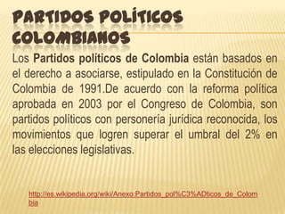 PARTIDOS POLÍTICOS
COLOMBIANOS
Los Partidos políticos de Colombia están basados en
el derecho a asociarse, estipulado en la Constitución de
Colombia de 1991.De acuerdo con la reforma política
aprobada en 2003 por el Congreso de Colombia, son
partidos políticos con personería jurídica reconocida, los
movimientos que logren superar el umbral del 2% en
las elecciones legislativas.


   http://es.wikipedia.org/wiki/Anexo:Partidos_pol%C3%ADticos_de_Colom
   bia
 