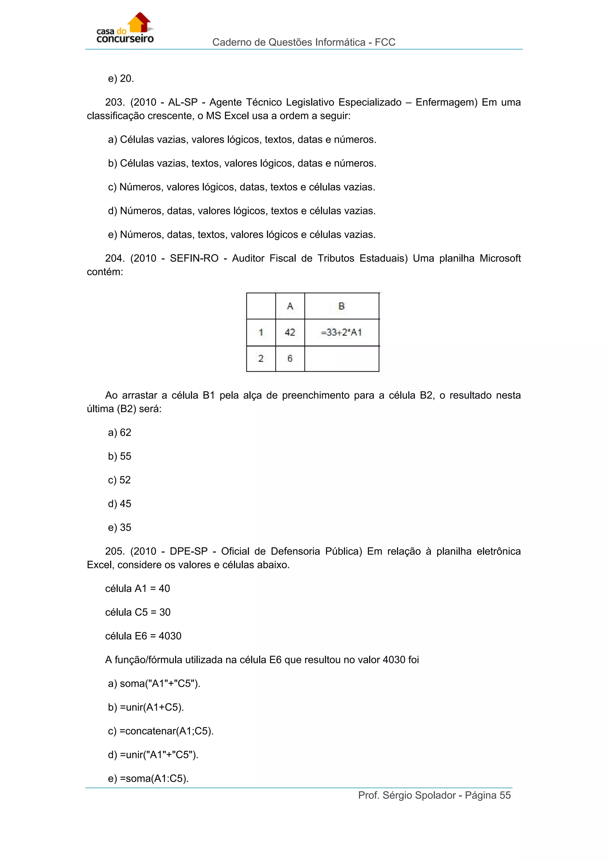 Caderno de Questões Informática - FCC
Prof. Sérgio Spolador - Página 55
e) 20.
203. (2010 - AL-SP - Agente Técnico Legislativo Especializado – Enfermagem) Em uma
classificação crescente, o MS Excel usa a ordem a seguir:
a) Células vazias, valores lógicos, textos, datas e números.
b) Células vazias, textos, valores lógicos, datas e números.
c) Números, valores lógicos, datas, textos e células vazias.
d) Números, datas, valores lógicos, textos e células vazias.
e) Números, datas, textos, valores lógicos e células vazias.
204. (2010 - SEFIN-RO - Auditor Fiscal de Tributos Estaduais) Uma planilha Microsoft
contém:
Ao arrastar a célula B1 pela alça de preenchimento para a célula B2, o resultado nesta
última (B2) será:
a) 62
b) 55
c) 52
d) 45
e) 35
205. (2010 - DPE-SP - Oficial de Defensoria Pública) Em relação à planilha eletrônica
Excel, considere os valores e células abaixo.
célula A1 = 40
célula C5 = 30
célula E6 = 4030
A função/fórmula utilizada na célula E6 que resultou no valor 4030 foi
a) soma("A1"+"C5").
b) =unir(A1+C5).
c) =concatenar(A1;C5).
d) =unir("A1"+"C5").
e) =soma(A1:C5).
 