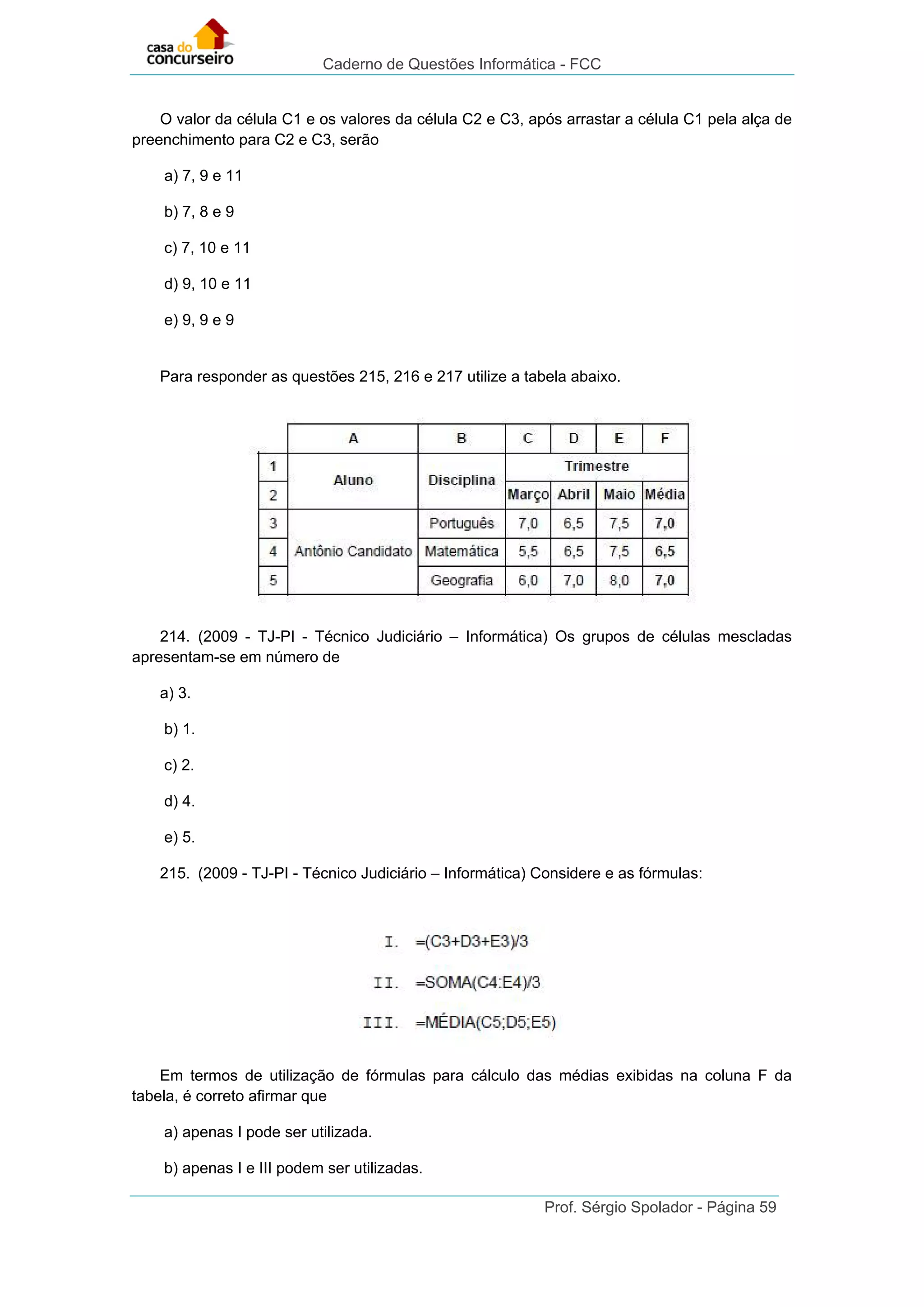 Caderno de Questões Informática - FCC
Prof. Sérgio Spolador - Página 59
O valor da célula C1 e os valores da célula C2 e C3, após arrastar a célula C1 pela alça de
preenchimento para C2 e C3, serão
a) 7, 9 e 11
b) 7, 8 e 9
c) 7, 10 e 11
d) 9, 10 e 11
e) 9, 9 e 9
Para responder as questões 215, 216 e 217 utilize a tabela abaixo.
214. (2009 - TJ-PI - Técnico Judiciário – Informática) Os grupos de células mescladas
apresentam-se em número de
a) 3.
b) 1.
c) 2.
d) 4.
e) 5.
215. (2009 - TJ-PI - Técnico Judiciário – Informática) Considere e as fórmulas:
Em termos de utilização de fórmulas para cálculo das médias exibidas na coluna F da
tabela, é correto afirmar que
a) apenas I pode ser utilizada.
b) apenas I e III podem ser utilizadas.
 