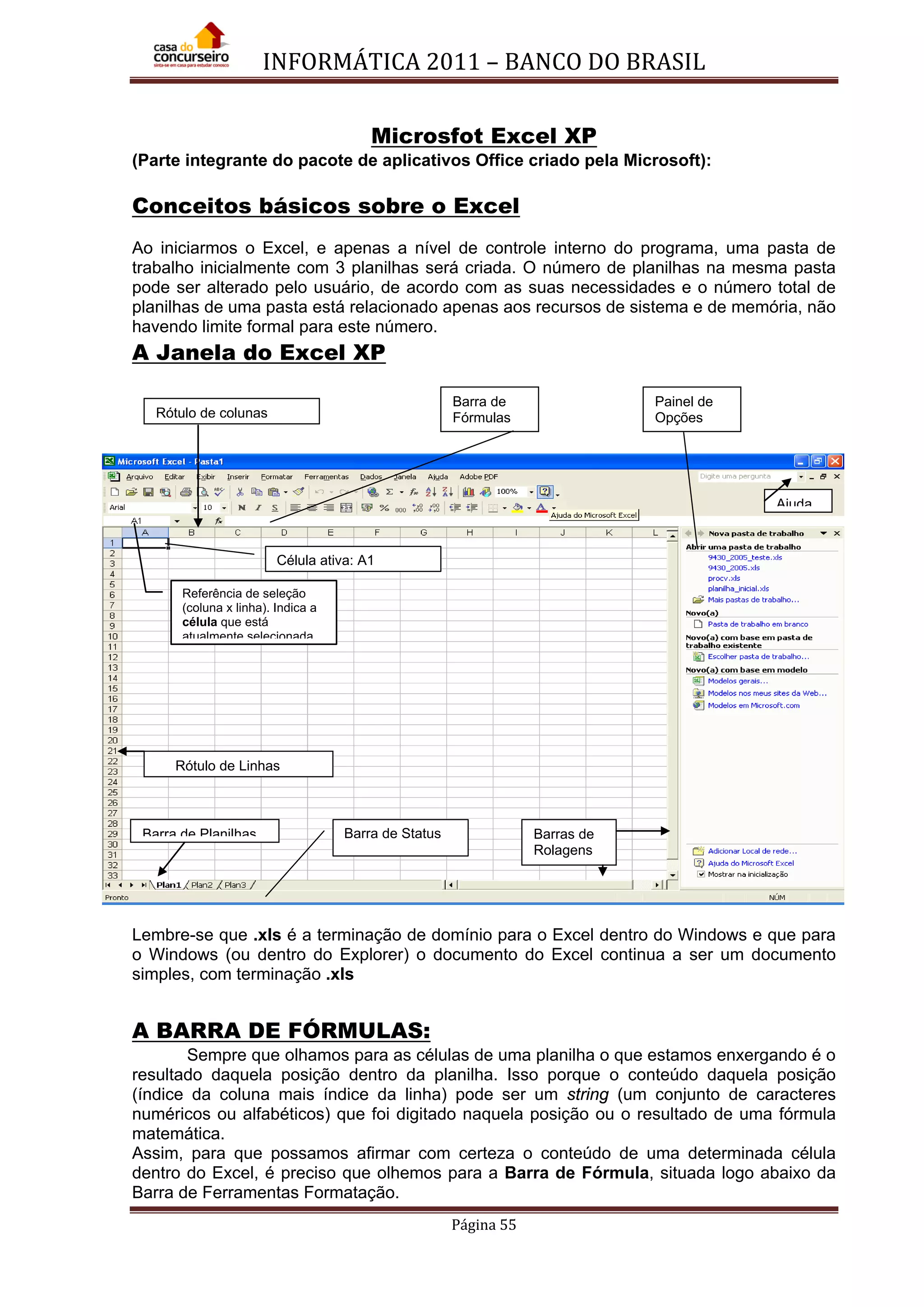 INFORMÁTICA 2011 – BANCO DO BRASIL
Página 55
Microsfot Excel XP
(Parte integrante do pacote de aplicativos Office criado pela Microsoft):
Conceitos básicos sobre o Excel
Ao iniciarmos o Excel, e apenas a nível de controle interno do programa, uma pasta de
trabalho inicialmente com 3 planilhas será criada. O número de planilhas na mesma pasta
pode ser alterado pelo usuário, de acordo com as suas necessidades e o número total de
planilhas de uma pasta está relacionado apenas aos recursos de sistema e de memória, não
havendo limite formal para este número.
A Janela do Excel XP
Lembre-se que .xls é a terminação de domínio para o Excel dentro do Windows e que para
o Windows (ou dentro do Explorer) o documento do Excel continua a ser um documento
simples, com terminação .xls
A BARRA DE FÓRMULAS:
Sempre que olhamos para as células de uma planilha o que estamos enxergando é o
resultado daquela posição dentro da planilha. Isso porque o conteúdo daquela posição
(índice da coluna mais índice da linha) pode ser um string (um conjunto de caracteres
numéricos ou alfabéticos) que foi digitado naquela posição ou o resultado de uma fórmula
matemática.
Assim, para que possamos afirmar com certeza o conteúdo de uma determinada célula
dentro do Excel, é preciso que olhemos para a Barra de Fórmula, situada logo abaixo da
Barra de Ferramentas Formatação.
Referência de seleção
(coluna x linha). Indica a
célula que está
atualmente selecionada
Célula ativa: A1
Barra de
FórmulasRótulo de colunas
Painel de
Opções
Ajuda
Barra de Planilhas Barras de
Rolagens
Rótulo de Linhas
Barra de Status
 