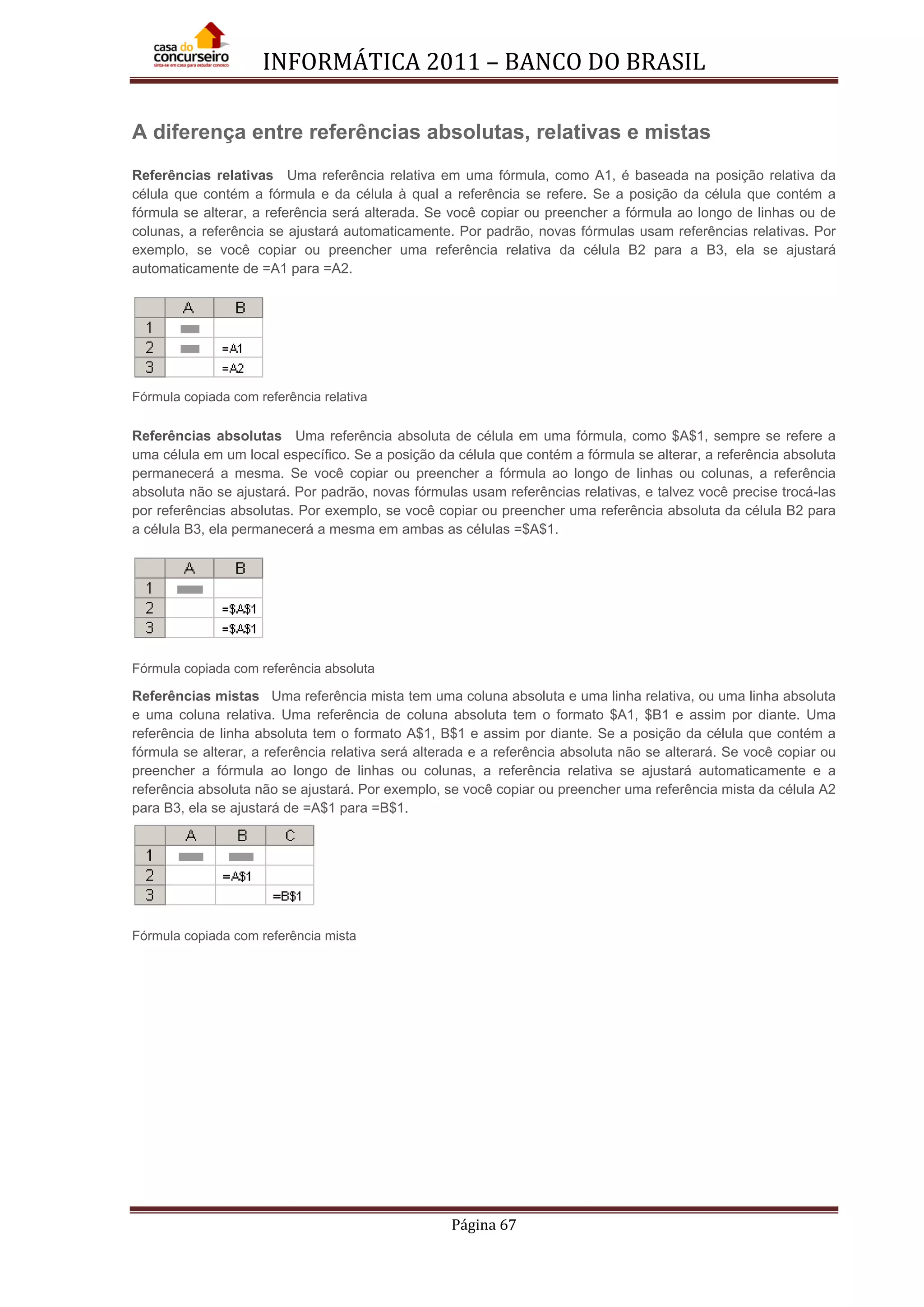 INFORMÁTICA 2011 – BANCO DO BRASIL
Página 67
A diferença entre referências absolutas, relativas e mistas
Referências relativas Uma referência relativa em uma fórmula, como A1, é baseada na posição relativa da
célula que contém a fórmula e da célula à qual a referência se refere. Se a posição da célula que contém a
fórmula se alterar, a referência será alterada. Se você copiar ou preencher a fórmula ao longo de linhas ou de
colunas, a referência se ajustará automaticamente. Por padrão, novas fórmulas usam referências relativas. Por
exemplo, se você copiar ou preencher uma referência relativa da célula B2 para a B3, ela se ajustará
automaticamente de =A1 para =A2.
Fórmula copiada com referência relativa
Referências absolutas Uma referência absoluta de célula em uma fórmula, como $A$1, sempre se refere a
uma célula em um local específico. Se a posição da célula que contém a fórmula se alterar, a referência absoluta
permanecerá a mesma. Se você copiar ou preencher a fórmula ao longo de linhas ou colunas, a referência
absoluta não se ajustará. Por padrão, novas fórmulas usam referências relativas, e talvez você precise trocá-las
por referências absolutas. Por exemplo, se você copiar ou preencher uma referência absoluta da célula B2 para
a célula B3, ela permanecerá a mesma em ambas as células =$A$1.
Fórmula copiada com referência absoluta
Referências mistas Uma referência mista tem uma coluna absoluta e uma linha relativa, ou uma linha absoluta
e uma coluna relativa. Uma referência de coluna absoluta tem o formato $A1, $B1 e assim por diante. Uma
referência de linha absoluta tem o formato A$1, B$1 e assim por diante. Se a posição da célula que contém a
fórmula se alterar, a referência relativa será alterada e a referência absoluta não se alterará. Se você copiar ou
preencher a fórmula ao longo de linhas ou colunas, a referência relativa se ajustará automaticamente e a
referência absoluta não se ajustará. Por exemplo, se você copiar ou preencher uma referência mista da célula A2
para B3, ela se ajustará de =A$1 para =B$1.
Fórmula copiada com referência mista
 