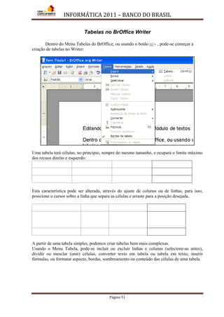 INFORMÁTICA 2011 – BANCO DO BRASIL
Página 51
Tabelas no BrOffice Writer
Dentro do Menu Tabelas do BrOffice, ou usando o botão , pode-se começar a
criação de tabelas no Writer:
Uma tabela terá células, no princípio, sempre do mesmo tamanho, e ocupará o limite máximo
dos recuos direito e esquerdo:
Esta característica pode ser alterada, através do ajuste de colunas ou de linhas, para isso,
posicione o cursor sobre a linha que separa as células e arraste para a posição desejada.
A partir de uma tabela simples, podemos criar tabelas bem mais complexas.
Usando o Menu Tabela, pode-se incluir ou excluir linhas e colunas (selecione-as antes),
dividir ou mesclar (unir) células, converter texto em tabela ou tabela em texto, inserir
fórmulas, ou formatar aspecto, bordas, sombreamento ou conteúdo das células de uma tabela.
 