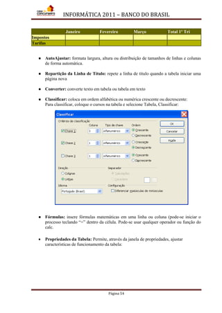 INFORMÁTICA 2011 – BANCO DO BRASIL
Página 54
Janeiro Fevereiro Março Total 1º Tri
Impostos
Tarifas
 AutoAjustar: formata largura, altura ou distribuição de tamanhos de linhas e colunas
de forma automática.
 Repartição da Linha de Título: repete a linha de título quando a tabela iniciar uma
página nova
 Converter: converte texto em tabela ou tabela em texto
 Classificar: coloca em ordem alfabética ou numérica crescente ou decrescente:
Para classificar, coloque o cursos na tabela e selecione Tabela, Classificar:
 Fórmulas: insere fórmulas matemáticas em uma linha ou coluna (pode-se iniciar o
processo teclando “=” dentro da célula. Pode-se usar qualquer operador ou função do
calc.
• Propriedades da Tabela: Permite, através da janela de propriedades, ajustar
características de funcionamento da tabela:
 