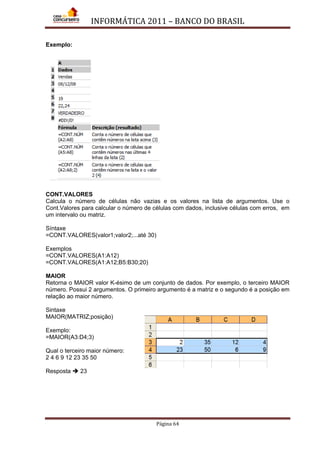 INFORMÁTICA 2011 – BANCO DO BRASIL
Página 64
Exemplo:
CONT.VALORES
Calcula o número de células não vazias e os valores na lista de argumentos. Use o
Cont.Valores para calcular o número de células com dados, inclusive células com erros, em
um intervalo ou matriz.
Síntaxe
=CONT.VALORES(valor1;valor2;...até 30)
Exemplos
=CONT.VALORES(A1:A12)
=CONT.VALORES(A1:A12;B5:B30;20)
MAIOR
Retorna o MAIOR valor K-ésimo de um conjunto de dados. Por exemplo, o terceiro MAIOR
número. Possui 2 argumentos. O primeiro argumento é a matriz e o segundo é a posição em
relação ao maior número.
Sintaxe
MAIOR(MATRIZ;posição)
Exemplo:
=MAIOR(A3:D4;3)
Qual o terceiro maior número:
2 4 6 9 12 23 35 50
Resposta  23
 