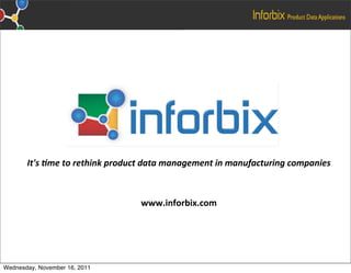 It's &me to rethink product data management in manufacturing companies



                                 www.inforbix.com




Wednesday, November 16, 2011
 