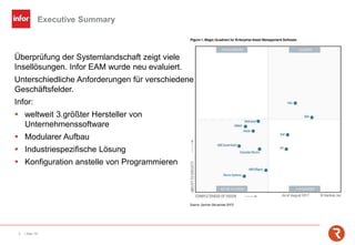 Executive Summary
3 | Mai-19
Überprüfung der Systemlandschaft zeigt viele
Insellösungen. Infor EAM wurde neu evaluiert.
Unterschiedliche Anforderungen für verschiedene
Geschäftsfelder.
Infor:
▪ weltweit 3.größter Hersteller von
Unternehmenssoftware
▪ Modularer Aufbau
▪ Industriespezifische Lösung
▪ Konfiguration anstelle von Programmieren
 