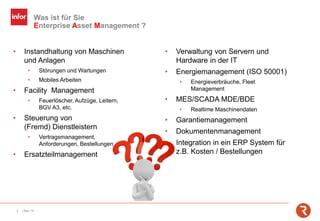 Was ist für Sie
Enterprise Asset Management ?
4 | Mai-19
• Verwaltung von Servern und
Hardware in der IT
• Energiemanagement (ISO 50001)
• Energieverbräuche, Fleet
Management
• MES/SCADA MDE/BDE
• Realtime Maschinendaten
• Garantiemanagement
• Dokumentenmanagement
• Integration in ein ERP System für
z.B. Kosten / Bestellungen
• Instandhaltung von Maschinen
und Anlagen
• Störungen und Wartungen
• Mobiles Arbeiten
• Facility Management
• Feuerlöscher, Aufzüge, Leitern,
BGV A3, etc.
• Steuerung von
(Fremd) Dienstleistern
• Vertragsmanagement,
Anforderungen, Bestellungen
• Ersatzteilmanagement
 