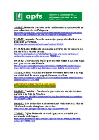 14-08-12 Detenida la madre de la recién nacida abandonada en
una urbanización de Estepona.
http://www.lavanguardia.com/20120814/54337388581/detenida-la-madre-de-la-
recien-nacida-abandonada-en-una-urbanizacion-de-estepona.html

21-09-12 Leganés: Detenía una mujer que pretendía tirar a su
bebé por la ventana.
http://www.abc.es/agencias/noticia.asp?noticia=1254938

01-11-12 León: Detenida una madre por tirar por la ventana de
su casa a su hija de un año.
http://www.diariodeleon.es/noticias/leon/detenida-una-madre-por-tirar-por-
ventana-de-su-casa-a-su-hija-de-un-ano_739212.html

09-11-12 Detenida una mujer por intentar matar a sus dos hijos
con gas butano en Almería.
http://www.eleconomista.es/legislacion/noticias/4385026/11/12/Detenida-una-
mujer-por-intentar-matar-a-sus-dos-hijos-con-gas-butano-en-Almeria.html

14-11-12 Cádiz: Acusada de haber intentado asesinar a su hijo
suministrándole en un yogurt diversas pastillas.
http://www.lavozdigital.es/cadiz/20121114/local/janda/acusada-haber-intentado-
asesinar-201211141218.html

AGRESIONES O MALTRATO A L@S HIJ@S:
32 CASOS RECOGIDOS EN ESTE INFORME

09-01-12 Castellón: Condenada por violencia doméstica tras
agredir a su hija de 13 años.
http://www.abc.es/20120109/espana/abci-violencia-domestica-castellon-
201201091112.html

09-01-12 San Sebastián: Condenada por maltratar a su hijo de
10 años durante el régimen de visitas.
http://www.abc.es/agencias/noticia.asp?noticia=1060430

17-01-12 Gijón: Detenida de madrugada con un bebé y en
estado de embriaguez.
http://www.elcomercio.es/v/20120117/gijon/detenida-madrugada-bebe-
estado-20120117.html
 