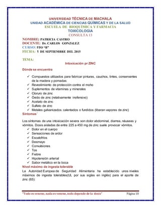 “Todo es veneno, nada es veneno, todo depende de la dosis” Página 10
UNIVERSIDAD TÉCNICA DE MACHALA
UNIDAD ACADÉMICA DE CIENCIAS QUÍMICAS Y DE LA SALUD
ESCUELA DE BIOQUÍMICA Y FARMACIA
TOXICOLOGIA
CONSULTA 13
NOMBRE: PATRICIA CASTRO
DOCENTE: Dr. CARLOS GONZALEZ
CURSO: 5TO “B”
FECHA: 1 DE SEPTIEMBRE DEL 2015
TEMA:
Intoxicación pr ZINC
Dónde se encuentra
 Compuestos utilizados para fabricar pinturas, cauchos, tintes, conservantes
de la madera y pomadas
 Revestimiento de protección contra el moho
 Suplementos de vitaminas y minerales
 Cloruro de zinc
 Óxido de zinc (relativamente inofensivo)
 Acetato de zinc
 Sulfato de zinc
 Metales galvanizados calentados o fundidos (liberan vapores de zinc)
Síntomas´
Los síntomas de una intoxicación severa son dolor abdominal, diarrea, náuseas y
vómitos. Dosis aisladas de entre 225 a 450 mg de zinc suele provocar vómitos.
 Dolor en el cuerpo
 Sensaciones de ardor
 Escalofríos
 Desmayo
 Convulsiones
 Tos
 Fiebre
 Hipotensión arterial
 Sabor metálico en la boca
Nivel máximo de ingesta tolerable
La Autoridad Europea de Seguridad Alimentaria ha establecido unos niveles
máximos de ingesta tolerables(UL por sus siglas en inglés) para el aporte de
zinc (65):
 