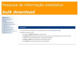1. os
espaços
Pesquisa de informação estatística
1.Como?
Pesquisa de informação estatística
bulk download
 