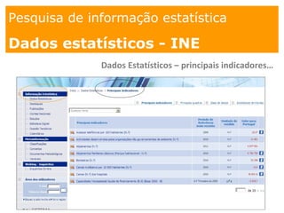 1. os
espaços
Pesquisa de informação estatística
Dados estatísticos - INE
Dados Estatísticos – principais indicadores…
 