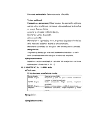 Envasado y etiquetado: Extremadamente inflamable.


       Vertido ambiental:
       Precauciones personales: Utilizar equipos de respiración autónoma
       cuando entren en el área a menos que este probado que la atmosfera
       es seguro. Evacuar el área.
       Asegurar la adecuada ventilación de aire.
       Eliminar las fuentes de ignición.
       Almacenamiento:
       Mantener en un lugar seco y fresco. Separa de los gases oxidantes de
       otros materiales oxidantes durante el almacenamiento.
       Mantener el contenedor por debajo de 50ºC en el lugar bien ventilado.
       Manipulación:
       Asegúrese que el equipo esta adecuadamente conectado a la tierra.
       Debe prevenirse la filtración de agua al interior del recipiente.
    c) Impacto ambiental
       No se conocen daños ecológicos causados por este producto factor de
       calentamiento global (CO2 =: 21 1).
1.8.5. HIDROGENO: H2 99.999% Molar
    a) Toxicidad:
       El hidrógeno es un asfixiante simple.
        Concentración          Sistema de exposición
        12-16 % Oxigeno        Respiración y grado del pulso aumenta, coordinación
                               muscular es ligeramente alterada.
        10-14 % Oxigeno        Efectos emocionales, fatiga, anormal,       respiración
                               perturbada,
        06-10 % Oxigeno        Nausea y vómitos, colapso o perdida de la conciencia.
        Abajo 6 %              Movimientos convulsivos, colapso respiratorio y posible
                               muerte.


    b) seguridad:


    c) impacto ambiental:
 