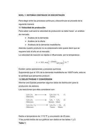 NIVEL 1: SISTEMAS CONTINUOS VS DISCONTINUOS


Para elegir entre los procesos continuos y discontinuos se procede de la
siguiente manera:
1.1 Velocidad de producción
Para saber cuál será la velocidad de producción se debe hacer un análisis
de mercado.
        Analisis de la demanda
        Analisis de la oferta
        Analissis de la demanda insatisfecha.
Además nuestro producto no es estacionario esto quiere decir que se
requiere todo el año en el mercado.
La velocidad de reacción es rápida e influenciada por la temperatura:




Existen varios operaciones y procesos químicos
Suponiendo que el 10% de la demanda insatisfecha es 1000Tn/año, esta es
la cantidad que pensamos producir.
1.2 SELECTIVIDAD Y CONVERSION
Wenner and Dybdal presentan algunos datos de distribución para la
producción de estireno.
Las reacciones que ellos consideran son:




Dados a temperatura de 1115 ºF y una presión de 25 psia.
Y los puntos leídos de sus gráficos son dados en las tablas 1 y 2.
Tabla 1:
 