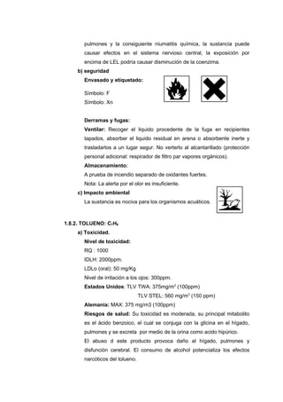 pulmones y la consiguiente niumatitis química, la sustancia puede
       causar efectos en el sistema nervioso central, la exposición por
       encima de LEL podría causar disminución de la coenzima.
    b) seguridad
       Envasado y etiquetado:

       Símbolo: F
       Símbolo: Xn


       Derramas y fugas:
       Ventilar: Recoger el liquido procedente de la fuga en recipientes
       tapados, absorber el liquido residual en arena o absorbente inerte y
       trasladarlos a un lugar segur. No verterlo al alcantarillado (protección
       personal adicional: respirador de filtro par vapores orgánicos).
       Almacenamiento:
       A prueba de incendio separado de oxidantes fuertes.
       Nota: La alerta por el olor es insuficiente.
    c) Impacto ambiental
       La sustancia es nociva para los organismos acuáticos.



1.8.2. TOLUENO: C7H8
    a) Toxicidad.
       Nivel de toxicidad:
       RQ : 1000
       IDLH: 2000ppm.
       LDLo (oral): 50 mg/Kg
       Nivel de irritación a los ojos: 300ppm.
       Estados Unidos: TLV TWA: 375mg/m3 (100ppm)
                                 TLV STEL: 560 mg/m3 (150 ppm)
       Alemania: MAX: 375 mg/m3 (100ppm)
       Riesgos de salud: Su toxicidad es moderada, su principal mitabolito
       es el ácido benzoico, el cual se conjuga con la glicina en el hígado,
       pulmones y se excreta por medio de la orina como acido hipúrico.
       El abuso d este producto provoca daño al hígado, pulmones y
       disfunción cerebral. El consumo de alcohol potencializa los efectos
       narcóticos del tolueno.
 