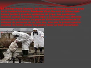 La viróloga María Zambón, del laboratorio de investigación la gripe de la sanidad británica, Pandemia Viral: Durante el último siglo hemos tenido 4 grandes epidemias de gripe. Las pandemias masivas asolan el mundo cada siglo y es inevitable que almenos una ocurra en el futuro. La gripe de 1918 causó la muerte de 20 millones de personas en un sólo año, más que la primera guerra mundial. Un brote similar hoy podría tener un final devastador.