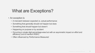 15Copyright © 2012. Infor. All Rights Reserved. www.infor.com
What are Exceptions?
• An exception is
• A mismatch between expected vs. actual performance
• Something that generally should not happen but does
• Something that should happen but doesn‟t
• Happening on purpose or by accident
• Occurring in single digit percentage-wise but with an asymmetric impact on effort and
efficiency (not to mention RISK!)
• Often influenced by Performance Measures!
 
