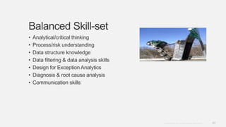 40Copyright © 2012. Infor. All Rights Reserved. www.infor.com
Balanced Skill-set
• Analytical/critical thinking
• Process/risk understanding
• Data structure knowledge
• Data filtering & data analysis skills
• Design for Exception Analytics
• Diagnosis & root cause analysis
• Communication skills
 