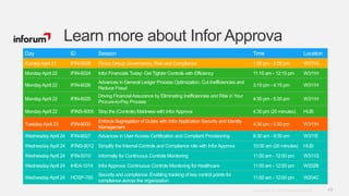 49Copyright © 2012. Infor. All Rights Reserved. www.infor.com
Learn more about Infor Approva
Day ID Session Time Location
Sunday April 21 IFIN-5009 Focus Group: Governance, Risk and Compliance 1:00 pm - 2:00 pm W311G
Monday April 22 IFIN-6024 Infor Financials Today: Get Tighter Controls with Efficiency 11:15 am - 12:15 pm W311H
Monday April 22 IFIN-6026
Advances in General Ledger Process Optimization: Cut Inefficiencies and
Reduce Fraud
3:15 pm - 4:15 pm W311H
Monday April 22 IFIN-6025
Driving Financial Assurance by Eliminating Inefficiencies and Risk in Your
Procure-to-Pay Process
4:30 pm - 5:30 pm W311H
Monday April 22 IFINS-9005 Stop the (Controls) Madness with InforApprova 4:30 pm (20 minutes) HUB
TuesdayApril 23 IFIN-6003
Enforce Segregation of Duties with InforApplication Security and Identity
Management
4:30 pm - 5:30 pm W311H
Wednesday April 24 IFIN-6027 Advances in User Access Certification and Compliant Provisioning 8:30 am - 9:30 am W311E
Wednesday April 24 IFINS-9012 Simplify the Internal Controls and Compliance role with InforApprova 10:00 am (20 minutes) HUB
Wednesday April 24 IFIN-5010 Informally for Continuous Controls Monitoring 11:00 am - 12:00 pm W311G
Wednesday April 24 IHEA-1014 InforApprova: Continuous Controls Monitoring for Healthcare 11:00 am - 12:00 pm W202B
Wednesday April 24 HOSP-700
Security and compliance: Enabling tracking of key control points for
compliance across the organization
11:00 am - 12:00 pm W204C
 