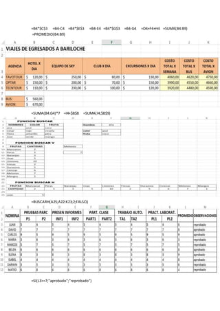 =B4*$C$3 =B4-C4 =B4*$E$3 =B4-E4 =B4*$G$3 =B4-G4 =D4+F4+H4 =SUMA(B4:B9) 
=PROMEDIO(B4:B9) 
=SUMA(B4:G4)*7 =I4+$B$8 =SUMA(I4;$B$9) 
=BUSCARH(A25;A22:K23;2;FALSO) 
=SI(L3>=7;"aprobado";"reprobado") 
