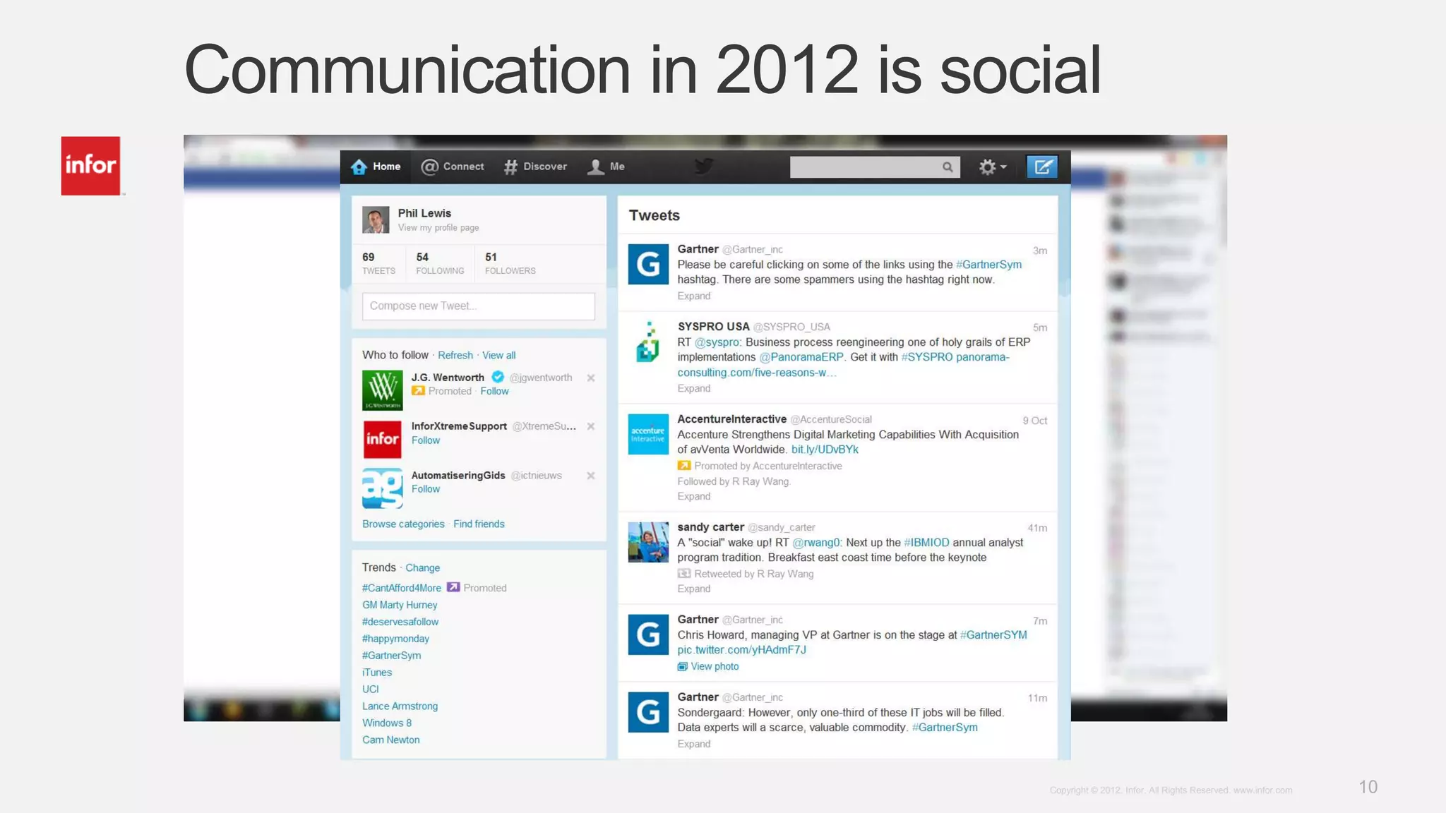 Communication in 2012 is social




                             Copyright © 2012. Infor. All Rights Reserved. www.infor.com   10
 