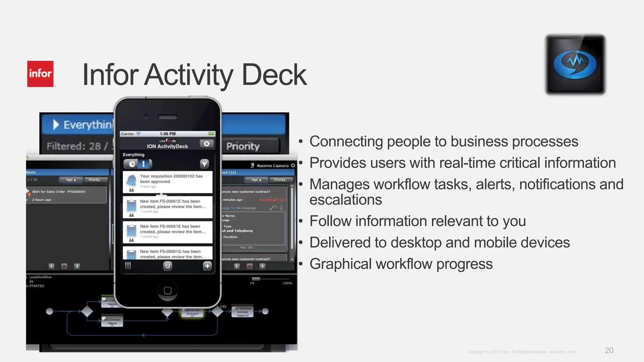 Infor Activity Deck

                  • Connecting people to business processes
                  • Provides users with real-time critical information
                  • Manages workflow tasks, alerts, notifications and
                    escalations
                  • Follow information relevant to you
                  • Delivered to desktop and mobile devices
                  • Graphical workflow progress




                                             Copyright © 2012. Infor. All Rights Reserved. www.infor.com   20
 