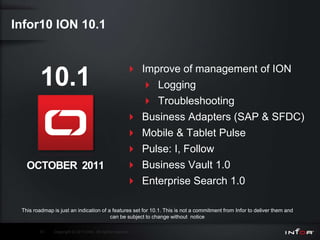 Infor10 ION 10.1


                                                         Improve of management of ION
         10.1                                                  Logging
                                                               Troubleshooting
                                                             Business Adapters (SAP & SFDC)
                                                             Mobile & Tablet Pulse
                                                             Pulse: I, Follow
   OCTOBER 2011                                              Business Vault 1.0
                                                             Enterprise Search 1.0

 This roadmap is just an indication of a features set for 10.1. This is not a commitment from Infor to deliver them and
                                        can be subject to change without notice

         51    Copyright © 2011 Infor. All rights reserved.
 