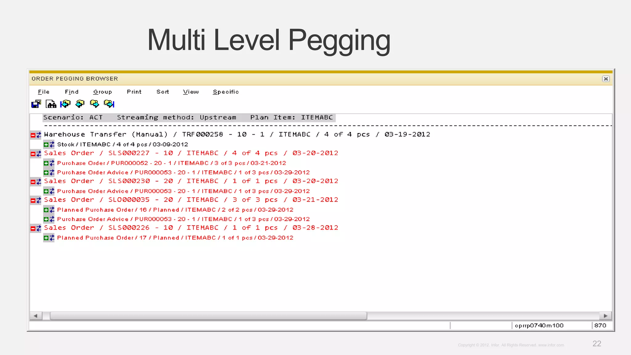 22Copyright © 2012. Infor. All Rights Reserved. www.infor.com
Multi Level Pegging
 